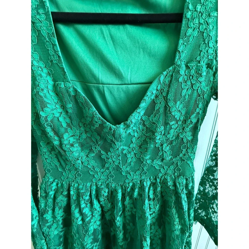 NSR Emerald Green Lace Tiered Midi Dress V-Neck S Romantic Whimsygoth Fairy